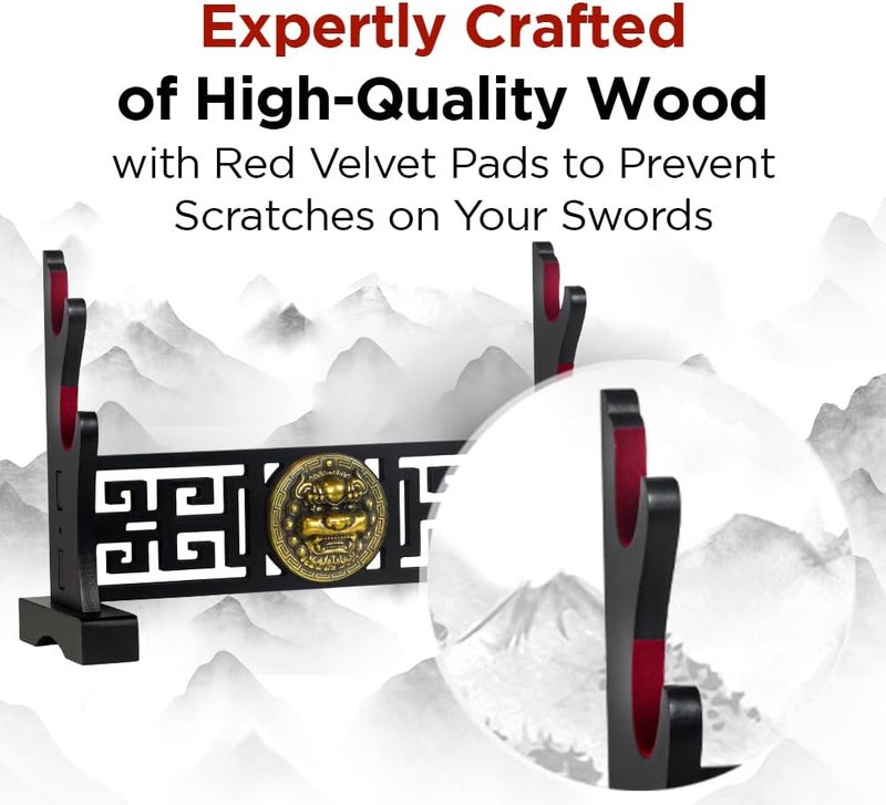 Logest Sword Stand - 4 Tier Options Available - Crafted Using Wood Katana Holder - Furnished in Black With a Gold Lion’s Head - Desirable Sword Display Gift Option - Sword Holder Katana Stand (2-Tier) - Image 3
